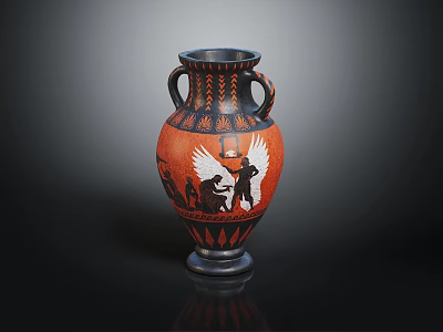 Ancient Greek Style Red And Black Vase With Twin Handles And Winged Figures Design 3d model