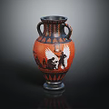 Ancient Greek Style Red And Black Vase With Twin Handles And Winged Figures Design