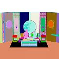 Modern Public Office Space With Sofa Coffee Table Decorative Paintings Green Plants And Round Mirror