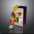 Purple Toy Refrigerator With Open Door And Food Items Inside And Falling Out