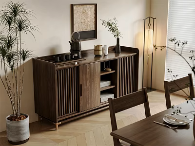 Walnut Wood Sideboard with Slatted Doors in Dining Room with Vase Plant and Chairs 3d model