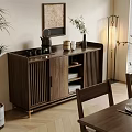 Walnut Wood Sideboard with Slatted Doors in Dining Room with Vase Plant and Chairs