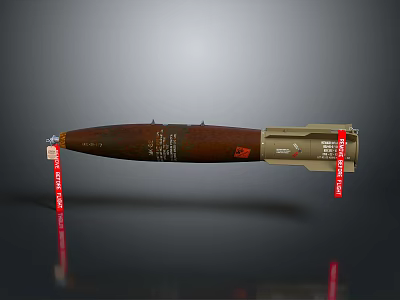 Military Tactical Bomb Featuring Brown Beige Exterior And Red Warning Labels 3d model