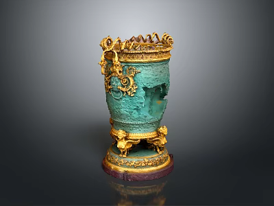 Green Decorative Vase With Elaborate Golden Accents And Intricate Carvings On Ornate Base 3d model