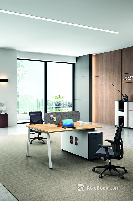 Modern Office Space With Large Windows Green View Wooden Walls Desk And Laptop 3d model 