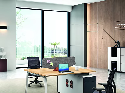 Modern Office Space With Large Windows Green View Wooden Walls Desk And Laptop 3d model