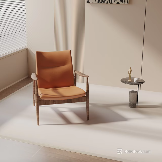 Modern Orange Leather Leisure Chair with Wooden Frame and Window Side Table 3d model 