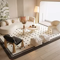 Cream Middle Ancient Sofa Combination Middle Style Carpet Sofa Coffee Table Combination Special-Shaped Sofa Cream Coffee Table Single Casual Chair 3d model