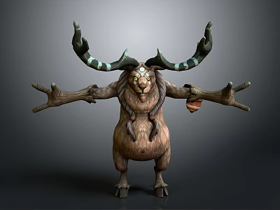 Game Movie Character 3D Model With Large Horns Fur Glowing Eyes And Outstretched Arms 3d model