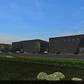 Modern Office Building With Glass Curtain Walls Multiple Structures Road Vehicles And Greenery