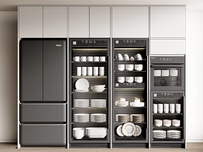 Modern Kitchen Appliances With Built in Refrigerator And Storage Cabinets For Dishes 3d model