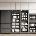Modern Kitchen Appliances With Built in Refrigerator And Storage Cabinets For Dishes
