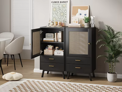 Black Storage Cabinet With Lattice Doors Drawers And Shelves For Decorative Items In Modern Interior 3d model