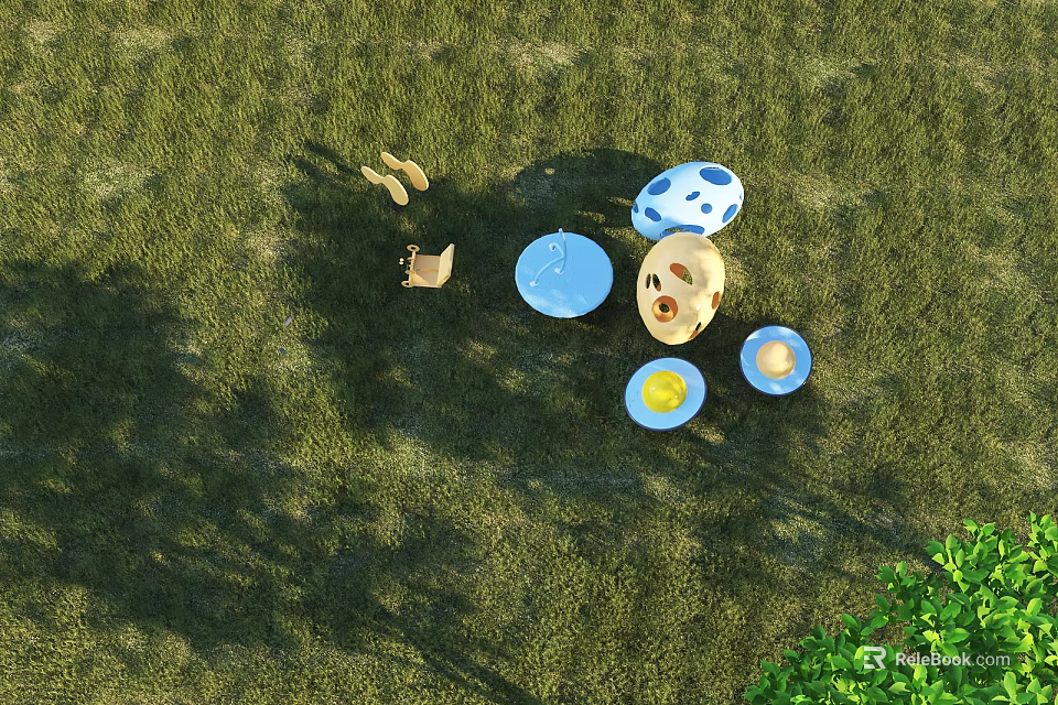 Outdoor Landscape Sculptures Featuring Blue Yellow And White Spotted Egg Shapes On Grassy Ground 3d model 