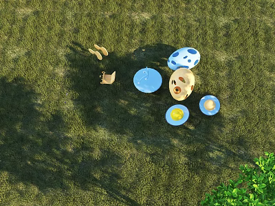 Outdoor Landscape Sculptures Featuring Blue Yellow And White Spotted Egg Shapes On Grassy Ground 3d model