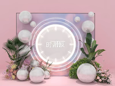 Elegant Floral Display With Pink Backdrop Illuminated Clock Silver Decorative Balls And Green Plants 3d model