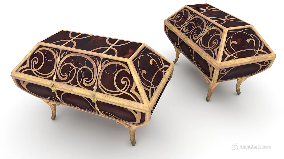 Elegant Decorative Chests With Intricate Scroll Patterns Golden Trim And Carved Legs 3d model 