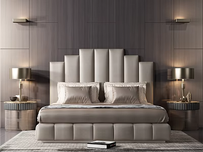 Upholstered Double Bed In Background With Nightstands Table Lamps Wooden Wall And Rug 3d model