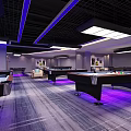 Modern Billiard Room Interior Design With Pool Tables Balls Cues Ambient Lighting And Seating Area