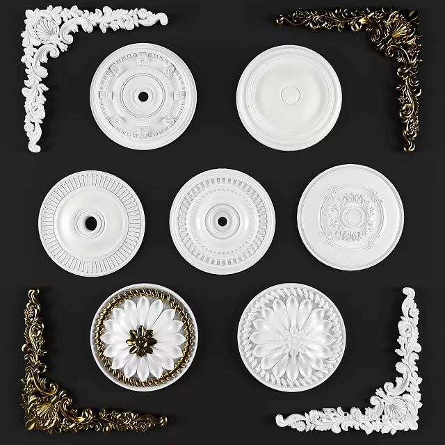 Elegant Carved Ceiling Medallions With Floral Patterns White And Gold Accents For Interior Design 3d model 