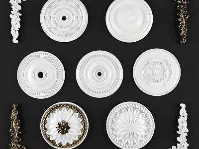 Elegant Carved Ceiling Medallions With Floral Patterns White And Gold Accents For Interior Design 3d model