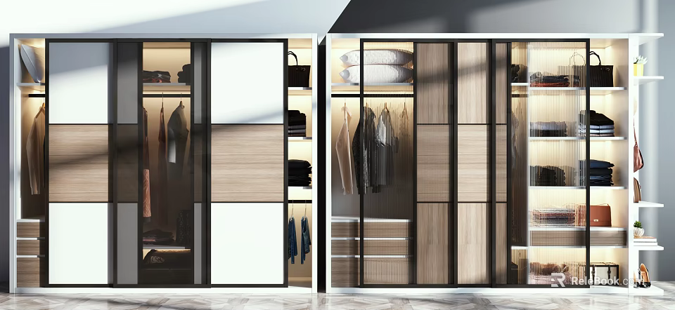 Modern Wardrobe Interior Design With Sliding Glass Wood Doors And Hanging Storage 3d model 