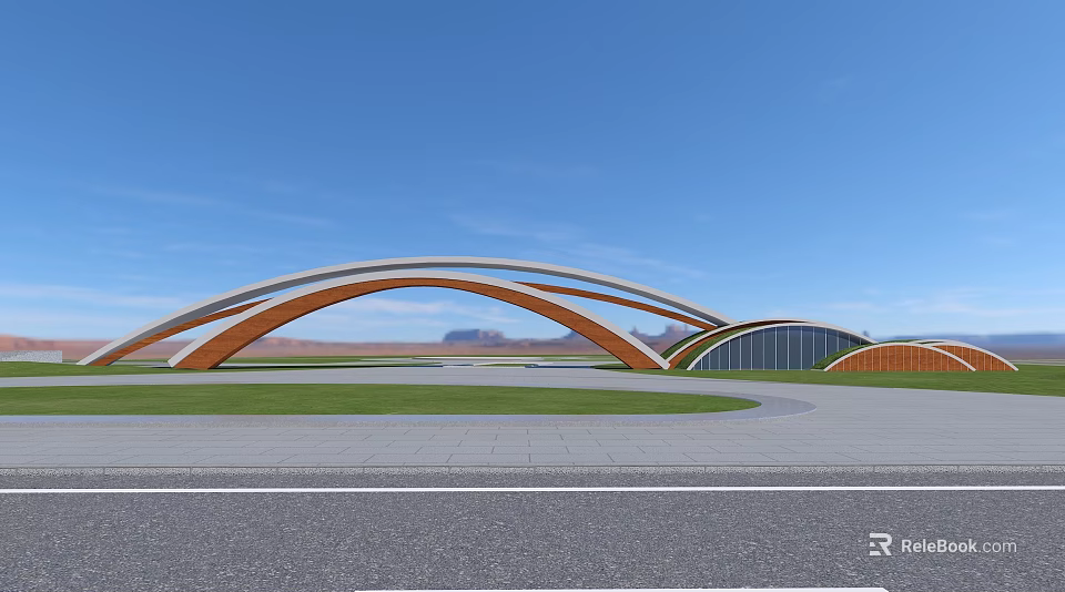 Modern Arched Entrance Gate With Wooden White Structure Green Lawn And Distant Mountains 3d model 