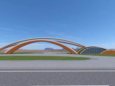 Modern Arched Entrance Gate With Wooden White Structure Green Lawn And Distant Mountains 3d model