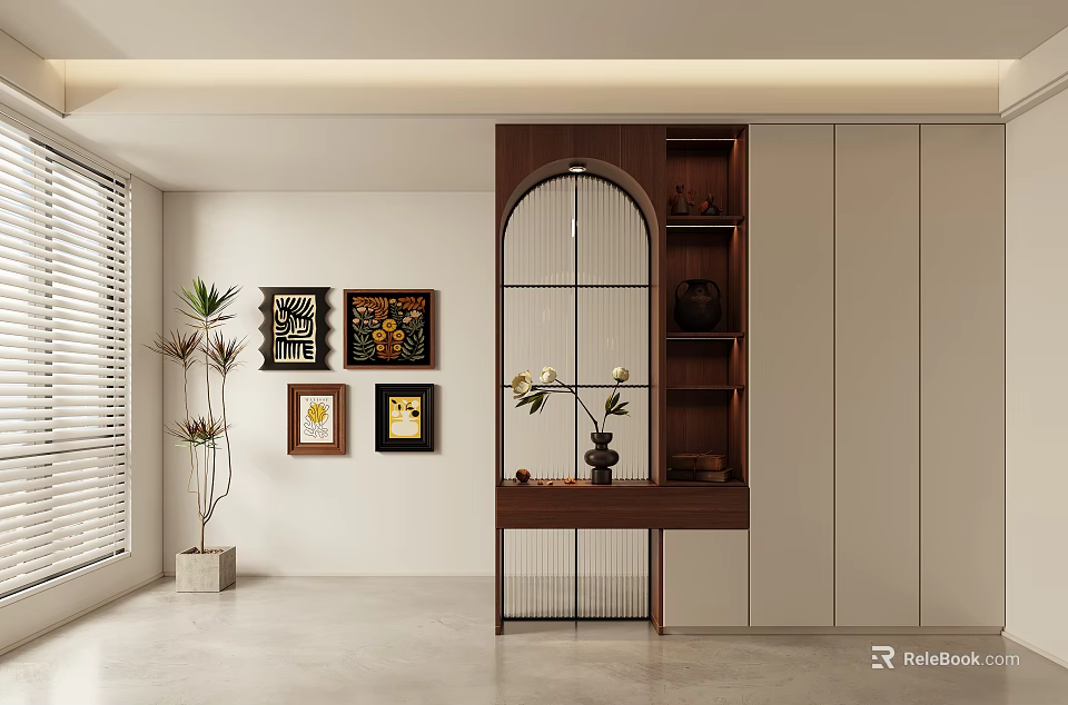 Modern Foyer Hallway Design with Wooden Partition Cabinet Decorative Paintings and Plant 3d model 