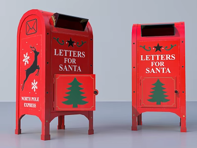 Public Red Mailboxes For Santa Letters With Reindeer Snowflakes Christmas Tree And North Pole Design 3d model