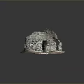 Scenic View Of Traditional Stone Cottage With Arched Doorway And Twig Roof On Red Base