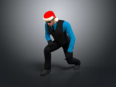 Man Wearing Santa Hat Blue Shirt And Black Vest Crouching On Gray Background 3d model