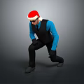 Man Wearing Santa Hat Blue Shirt And Black Vest Crouching On Gray Background