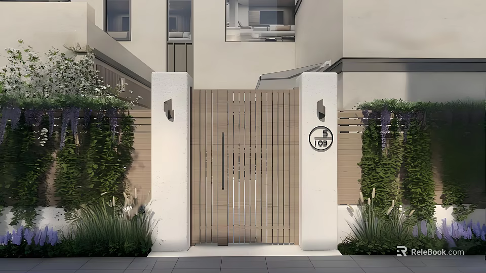 Modern Wooden Entrance Gate With White Pillars Wall Lamps Green Vines And Circular Sign 3d model 
