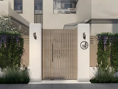 Modern Wooden Entrance Gate With White Pillars Wall Lamps Green Vines And Circular Sign 3d model