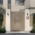 Modern Wooden Entrance Gate With White Pillars Wall Lamps Green Vines And Circular Sign