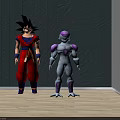 Goku and Frieza Action Figures with Red White Purple Outfits Against Gray Wall