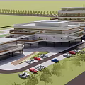 Modern Office Building Exterior With Multiple Structures Greenery Sports Courts And Parking