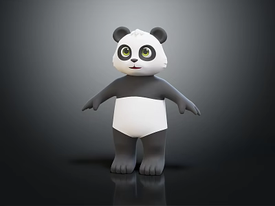 Cartoon Panda Character 3D Model With Big Eyes Standing Pose In Black And White 3d model