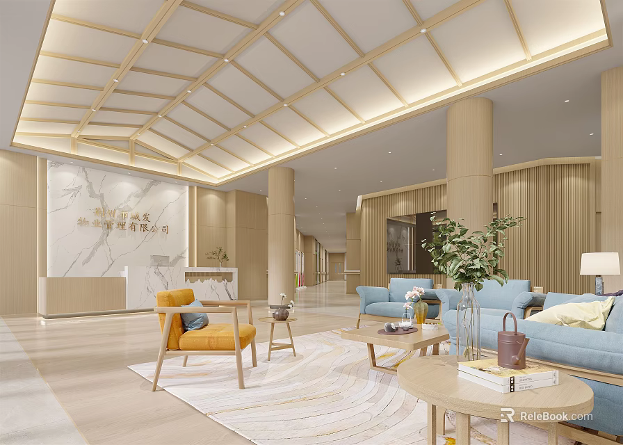 Modern Reception Area With Marble Desk Wooden Ceiling Sofa Seating And Potted Plant 3d model 