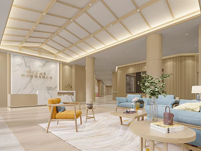 Modern Reception Area With Marble Desk Wooden Ceiling Sofa Seating And Potted Plant 3d model