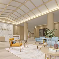 Modern Reception Area With Marble Desk Wooden Ceiling Sofa Seating And Potted Plant