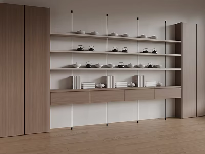Modern Interior Design With Wooden Storage Open Shelves And Organized Items 3d model