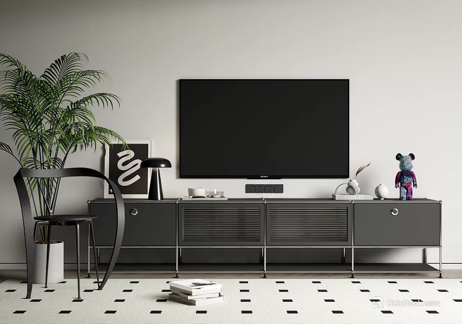 Modern TV Stand With Flat Screen TV Potted Plant And Decorative Items 3d model 