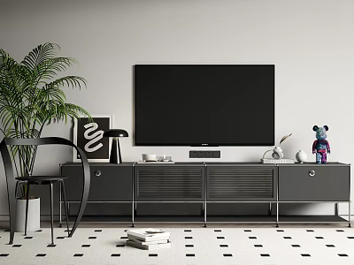 Modern TV Stand With Flat Screen TV Potted Plant And Decorative Items 3d model