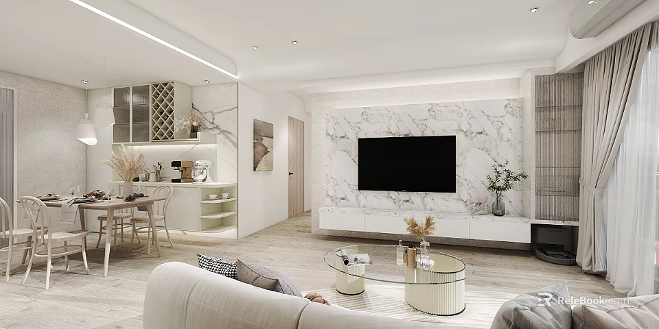 Modern Living Dining Room Interior With Marble TV Wall Sofa Coffee Table And Dining Chairs 3d model 