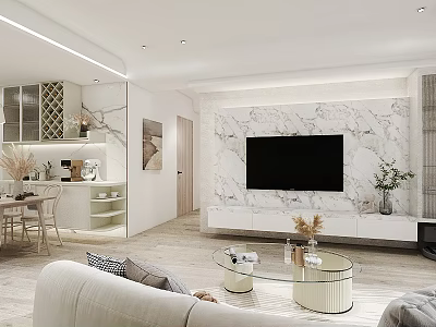 Modern Living Dining Room Interior With Marble TV Wall Sofa Coffee Table And Dining Chairs 3d model