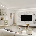 Modern Living Dining Room Interior With Marble TV Wall Sofa Coffee Table And Dining Chairs
