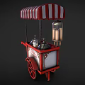 Vintage Ice Cream Cart With Red And White Striped Canopy And Red Wheels