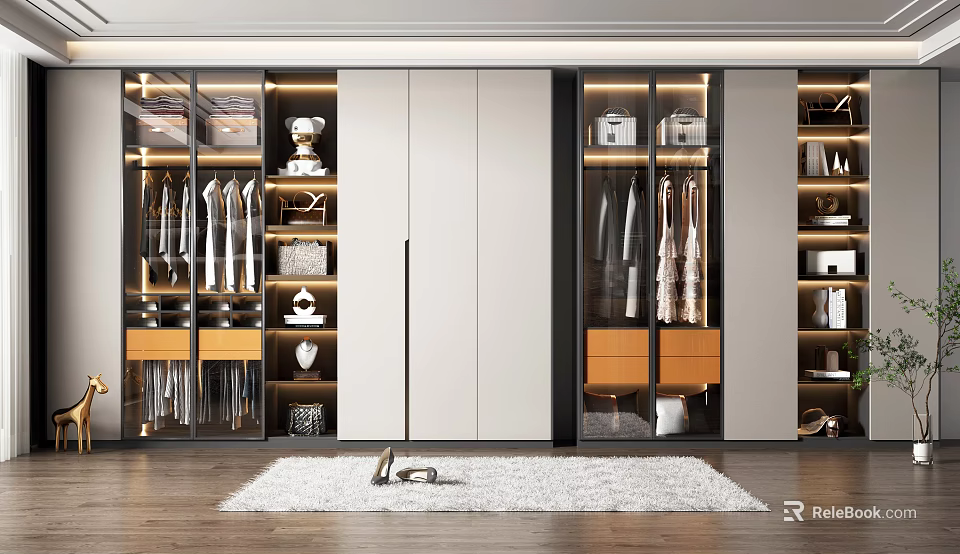 Modern Wardrobe Interior With Glass Doors White Cabinet And Storage Space Featuring Hanging Clothes And Drawers 3d model 